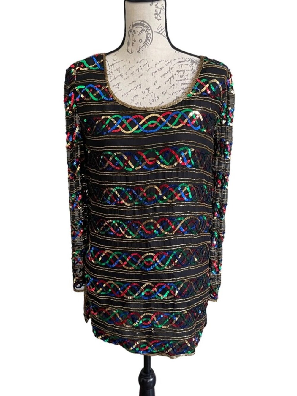 Vintage Stenay Silk Rainbow Sequin Shirt Scoop Neck Blouse Top Showgirl Sparkle
